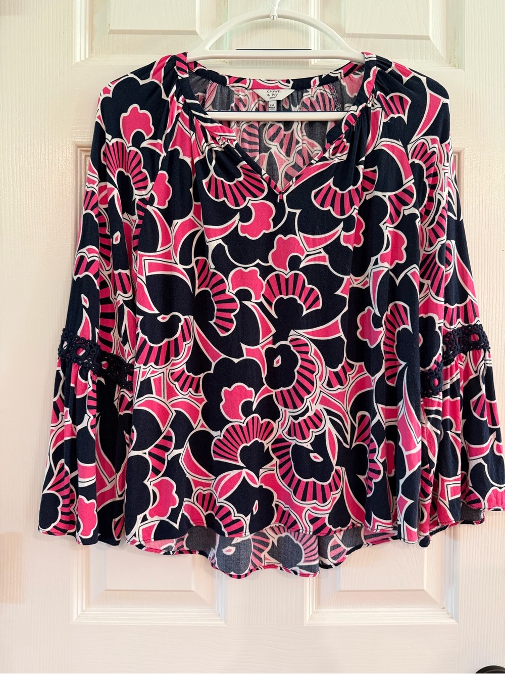 crown & ivy Navy Floral Bell-Sleeve Blouse with Pink Accents